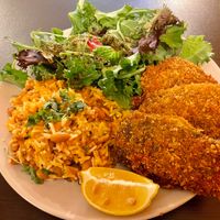Fried “fish” with Portuguese tomato rice  at Kong - Food Made With Compassion in Lisbon