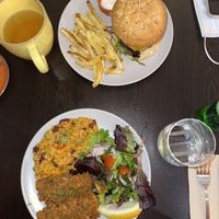 Burger and fish with tomato rice  at Kong - Food Made With Compassion in Lisbon