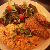 Fried vegan fish and rice with beans at Kong - Food Made With Compassion in Lisbon