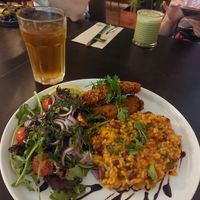 Vegan fish, rice with beans & salad with some iced tea at Kong - Food Made With Compassion in Lisbon