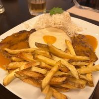 Bitoque: Seitan steak with Egg, rice, and fries at Kong - Food Made With Compassion in Lisbon