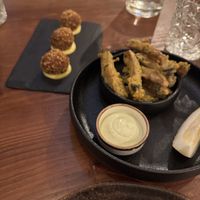 Croquettes and “cuttlefish”. Loved the cuttlefish the most out of the two. It was a delicious fried mushroom with a dip   at Kong - Food Made With Compassion in Lisbon