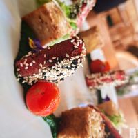 Mediterranean "salmon" with tofu, sesame, spinach and au gratin potatoes. A plate with an impressive circular presentation and an excellent taste of vegetable salmon! at Kong - Food Made With Compassion in Lisbon