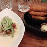 "Scallops" with strawberry chutney (left) and fried cuttlefish (right). at Kong - Food Made With Compassion in Lisbon