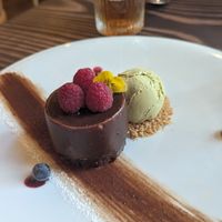 Nutella cake with pistachio ice cream at Kong - Food Made With Compassion in Lisbon