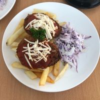 Vegan parmigiana with coleslaw and chips. So delicious and such a huge serving! at Eats Restaurant in Eumundi