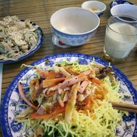 Fried spaghetti, jackfruit with sesame and soy milk at Lien Hoa in Hue