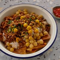 Fattet hummus with vegan mince at Khamsa in Erskineville