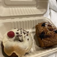 Tofu Donut with Peanut Butter glaze and a Banana Bread with blueberries   at Khamsa in Erskineville