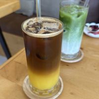 Orange Espresso and Matcha Latte with soy milk   at Deli Devi in Koh Phangan