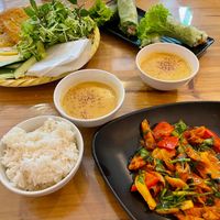 Sweet and sour seitan, bánh xèo and rice paper rolls.  at Tiem Chay Xua in Da Nang