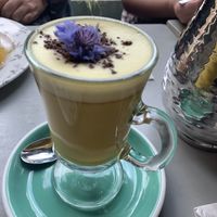 Golden latte. Yes, I ate the flower too. Very earthy at Bill's in Nottingham