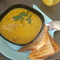 Carrot soup with ginger and soya peaces at Tavci Kuhna in Lesce