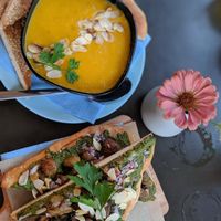 Pumpkin soup and pesto toast at Tavci Kuhna in Lesce