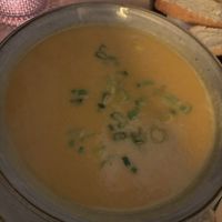 Sweet potato soup with ginger and coconut cream. It was the best one!!!  at Spaghetti Factory in Zurich