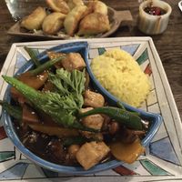 Pakvet (okra, squash, eggplant with rice) and gyoza   at Verde Rekado in Coron
