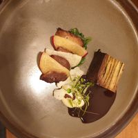 Kohl-rabi terrine with grilled shitake and plum pieces + plum & wine jus at Arkhe in Lisbon