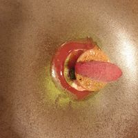 Vanilla bavaroise, berry sorbet, berry soup and almond cracker at Arkhe in Lisbon