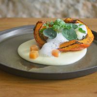 Hokkaido pumpkin, polenta, sheep’s cheese from Serra da Estrela, quince marmalade, hazelnut pesto  at Arkhe in Lisbon
