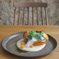 Hokkaido pumpkin, polenta, sheep’s cheese from Serra da Estrela, quince marmalade, hazelnut pesto  at Arkhe in Lisbon