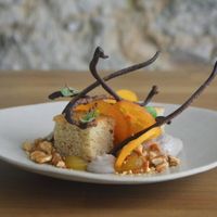 Almond rum cake, chestnut cream, persimmon, orange gel, chocolate 70% at Arkhe in Lisbon