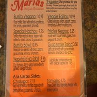 Vegan menu at Maria's Mexican Restaurant  in Charlotte