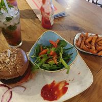 Beetroot burger with sweet patato fries! at Revolution in Inverness