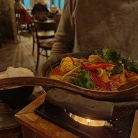 Tofu and mushroom in peanut sauce with rice at Chay Vegan in Helsingborg
