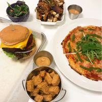 Poutine pizza tofu popcorn and Code Vert burger  at Code Vert in Montreal