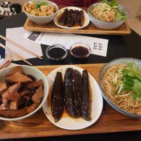 Tofu with mushroom, marinated eggplant, noodles. at Lao Lao in Stockholm