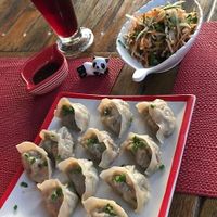 Tasty vegan mushroom dumplings, iced rosella tea, delicious mixed sprout salad at Stuffed in Koh Tao