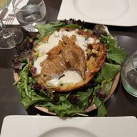 Vegan speck, Parmesan sauce on a courgette fritter: larger than I was expecting for a starter!  at Utopia in Nice