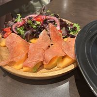 Melon starter with homemade vegan salmon   at Utopia in Nice