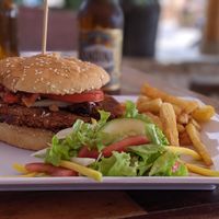 Bean burger with fries and salad (instead of fried egg) at La Morena in Taganga
