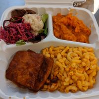 Take out. Organic soul food platter; Cole slaw, potato salad, yams, creamy Mac & cheese, BBQ tofu. Missing in photo - black eyed peas, kale greens. All well seasoned deliciousness. at Stuff I Eat in Inglewood