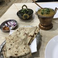 Dal Tadka (yellow) and Aloo Palak (green) with tandoori roti at Pardesi Vaishno Dhaba in Dandenong