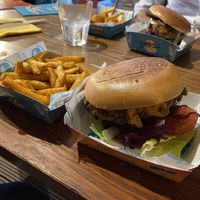 spicy tendercrop burger with classic fries at Vegan Vice in Cambridge