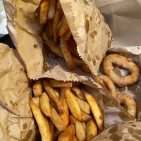 take-out fries and onion rings at Vegan Vice in Cambridge