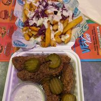 Chicken strips and chips at Vegan Vice in Cambridge