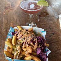 GF loaded fries & rhubarb cocktail   at Vegan Vice in Cambridge