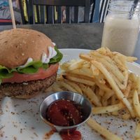 Lentil mushroom burger and banana shake.  #Veganuary at El Punto Vegano in Catano
