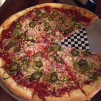 Vegan pie with FYH mozzarella, jalepenos, red onion, and bell peppers. A+! at Dutchy's Pizza in Arcata