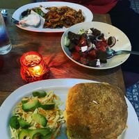 Two entrees and the appetizer: tex-mex entree and Tex-mex burger; plus Greek salad. ALL VeGAN! at The Others in Athens