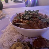 eggplant curry w/ basmati rice (garlic naan bread in background)  at Bombay Grill in Miami Beach