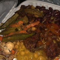 Okra, kidney beans with sauce, basmati rice, chickpeas & potato, BBQ seitan , stir fry veggies at Celebrity Pure Vegetarian in Toronto