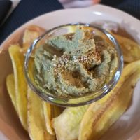 Hummus and banana chips at Madeley in Trinidad