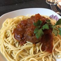 Spaghetti and lentil veggie balls at Madeley in Trinidad