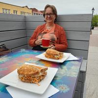 Covid-friendly outdoor streetside patio and delicious vegan pâte sandwiches. at Lotus Bleu Cafe in Edmundston