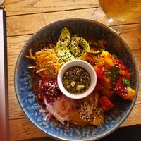 Poke bowl with watermelon tuna sashimi sticky rice, miso cucumber and asian style crunchy veggies at The Roundhill in Brighton