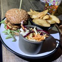 Jerk Oyster Burger w/ Triple Cooked Chips at The Roundhill in Brighton